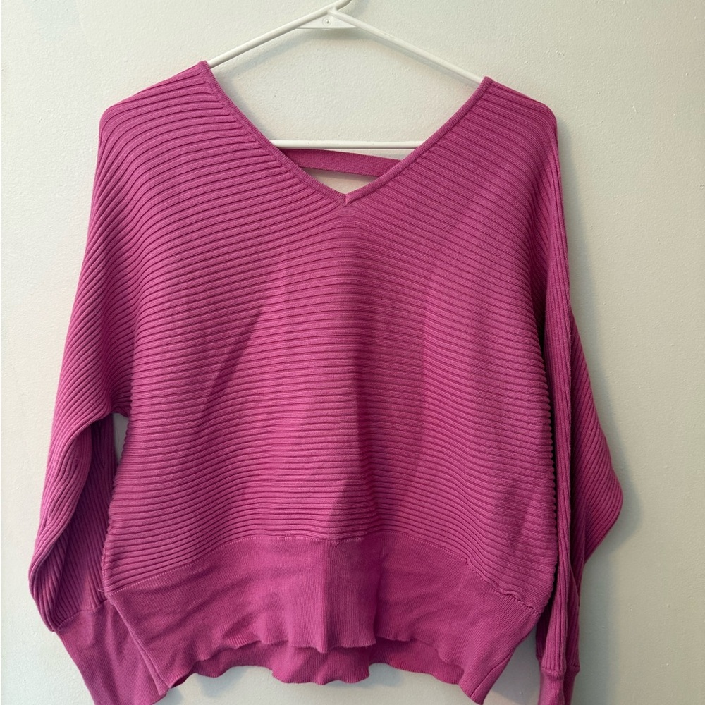 Pink Rose Women's V-Neck Ribbed Sweater - Fuchsia
